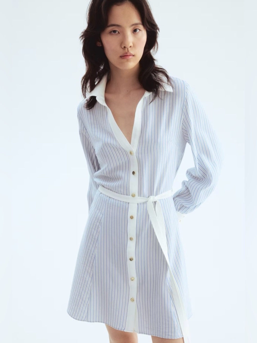 Women's H&M Tie-Belt Shirt Dress Light Blue/Striped Long Sleeve NWT XL